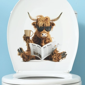 Funny highland cow reading newspaper wall sticker for toilet lid and bathroom decor