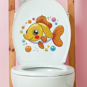 Cartoon yellow goldfish wall sticker with colorful bubbles on white toilet lid decor