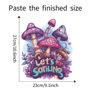 Detail showing dimension measurements of purple mushroom and floral wall decals for kids