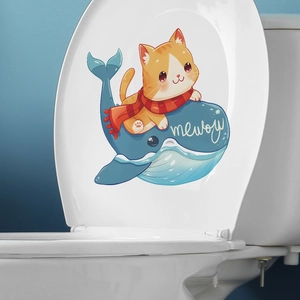 Cartoon cat and blue whale bathroom toilet lid wall sticker for home decoration