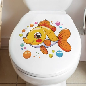 Cartoon goldfish bathroom sticker with colorful bubbles on white toilet lid surface