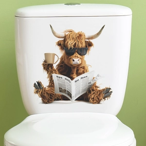 Funny highland cow reading newspaper wall decal applied to a white bathroom toilet tank