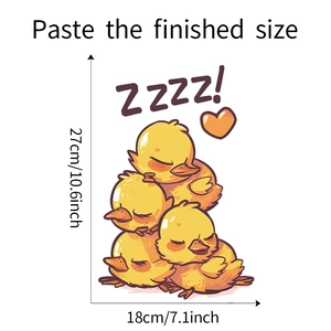 Detailed size view of stacked cartoon chicks wall sticker measuring 27cm by 18cm