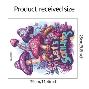 Detail view of purple mushroom wall sticker with size specifications 29cm x 25cm