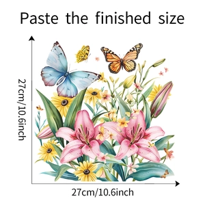 Detailed size guide for floral and butterfly wall stickers measuring 27cm by 27cm