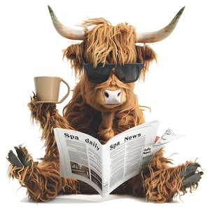 Detailed wall sticker featuring a cool Highland cow reading a newspaper and drinking coffee