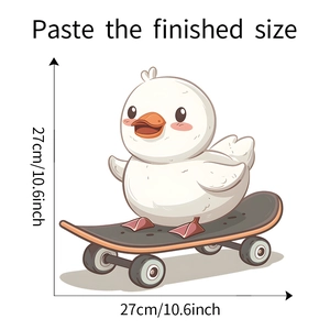 Détail du sticker mural canard en skateboard montrant les dimensions de 27 cm environ