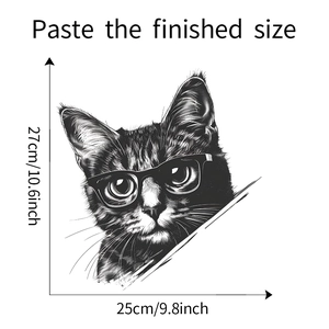 Detailed dimension guide for black and white sketch cat wall sticker with glasses