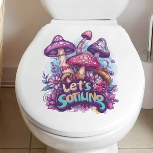 Self-adhesive purple mushroom toilet seat decal with artistic floral wall sticker design