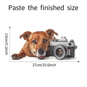 Detailed dimensions of a cute dog and vintage camera wall sticker measuring 27cm x 13cm