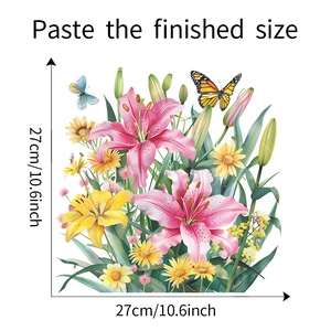 Detailed dimensions of floral wall stickers featuring pink lilies and golden daisies