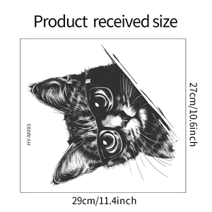 Detailed size guide for the black and white cat wall sticker measuring 29cm by 27cm