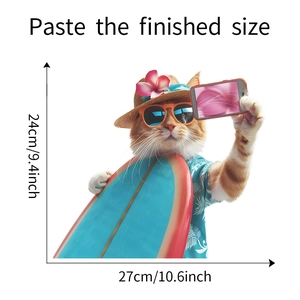 Detailed view of summer cat wall sticker with dimensions 27cm by 24cm on white background