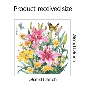 Detailed view of floral wall sticker with pink lilies and butterflies, 29cm square size