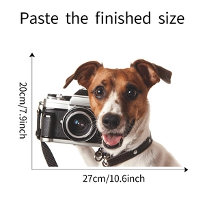 Detailed size chart showing cute puppy sticker measuring 27cm by 20cm on white background