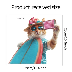 Size specifications for self-adhesive surfing cat wall sticker measuring 29cm by 26cm