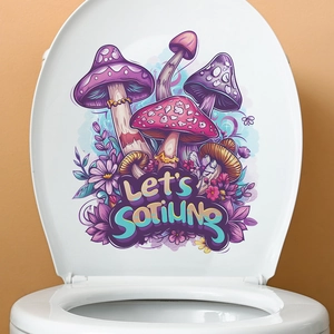 Self-adhesive purple mushroom toilet sticker featuring psychedelic floral art for bathroom decor