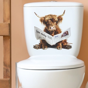 Funny highland cow reading newspaper wall sticker for bathroom decor and toilet lids