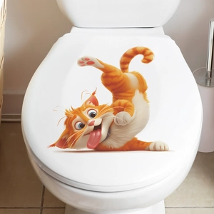 Sticker 3D amusant de chat orange dansant pour décoration de couvercle de WC