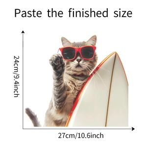Detail showing the finished dimensions of the surfing cat wall sticker at 24cm by 27cm