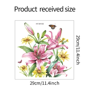Floral wall sticker with pink lilies and daisies, self-adhesive decal size 29x29cm