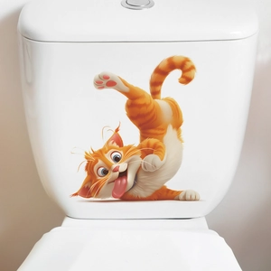 Autocollant chat de dessin animé orange drôle pour décoration de toilettes et maison