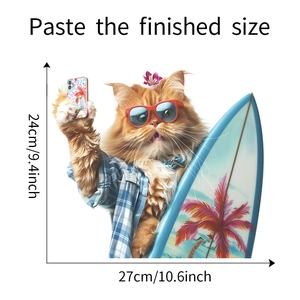 Detailed dimensions of the surfing cat wall sticker showing 27x24cm product size