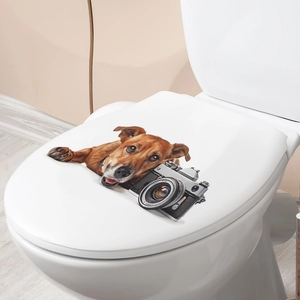 Detail view of a 3D puppy and vintage camera waterproof toilet seat wall sticker decal