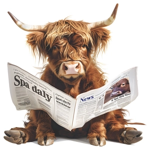 Self-adhesive Highland Cow wall sticker reading a newspaper for bathroom and bedroom decor
