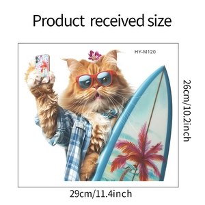 Detailed size guide for self-adhesive cat surfing wall sticker measuring 29cm by 26cm