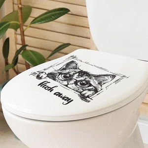 Artistic black and white cat wall sticker with Flush away text on toilet lid