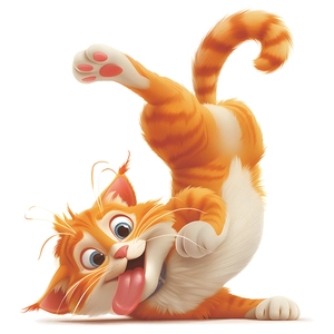 Sticker mural chaton orange de dessin animé avec yeux bleus en pose renversée ludique