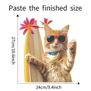 Detail view of surfing cat wall sticker with dimensions showing height and width