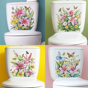 Pastoral Pink Lily Flower Butterfly Toilet Lid Stickers Waterproof Self Adhesive PVC Wall Decal For Bathroom Home Decor
