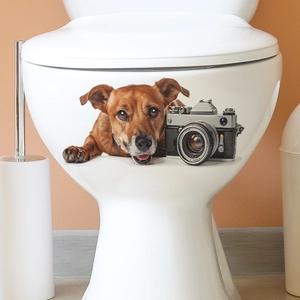 3D realistic brown dog with vintage camera waterproof toilet seat wall sticker decor