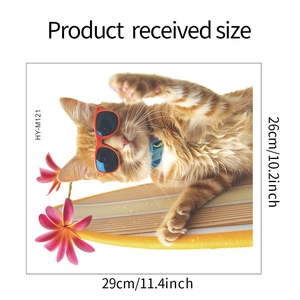 Detail view of surfing cat wall sticker with dimensions measuring 29cm by 26cm