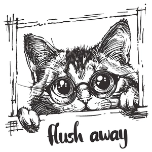 Artistic black and white cat with glasses wall sticker featuring flush away lettering