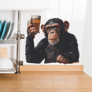 Detail of self-adhesive gorilla beer wall sticker on white kitchen tiles decoration
