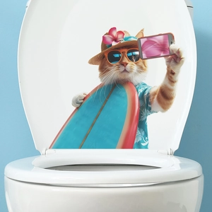 Detail of 3D cat sticker with sunglasses and surfboard applied to a white toilet lid