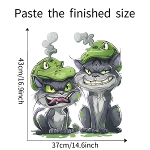 Detail view showing cartoon cat wall sticker dimensions with funny monster hats