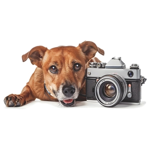 Retro LOMOI AC81 camera with silver top and black leather body next to a brown dog
