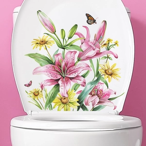 Detail of waterproof toilet sticker featuring hand-painted pink lilies and butterflies