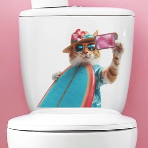 Detail of creative summer cat surfing sticker applied to a white ceramic toilet tank