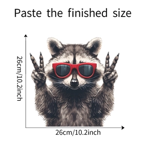 Detail of creative raccoon wall sticker with sunglasses, dimensions 26x26cm for home decor