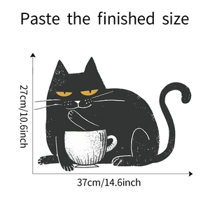 Detailed dimension chart showing the funny cat coffee wall sticker at 37x27cm size
