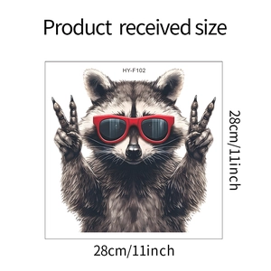 Detail of cute raccoon wall sticker showing product size 11x11 inch with dimensions
