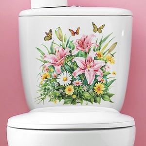 Self-adhesive floral toilet sticker with pink lilies and butterflies for wall decoration