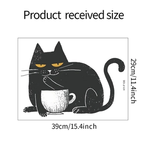 Funny black cat and coffee wall sticker showing 39cm x 29cm dimensions and size details