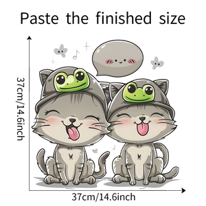 Adhesive wall sticker showing two cartoon cats in frog hats with 37cm size details