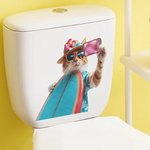 Detail showing a cat surfing sticker on a white toilet tank with a yellow wall backdrop